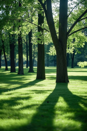 Beautiful green park in the morning with sunbeams and shadowsの素材