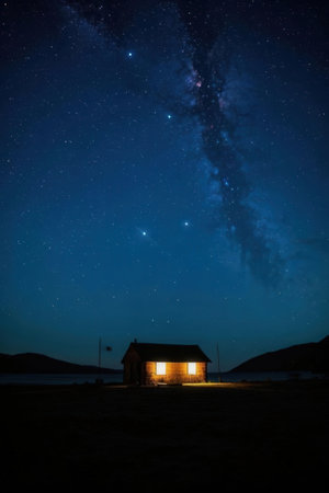 Milky Way over a small house on the beach at night.の素材