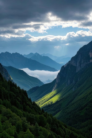 Mountain landscape with green forest and cloudy sky. Caucasus Mountains, Georgia.の素材