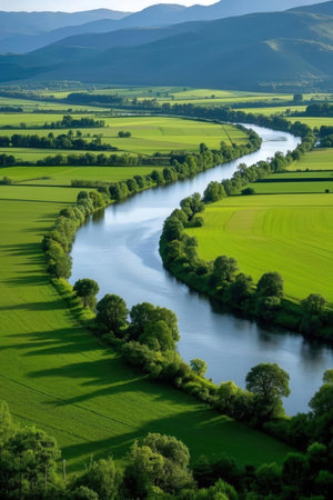 Aerial view of the river and meadows. Beautiful landscape.の素材