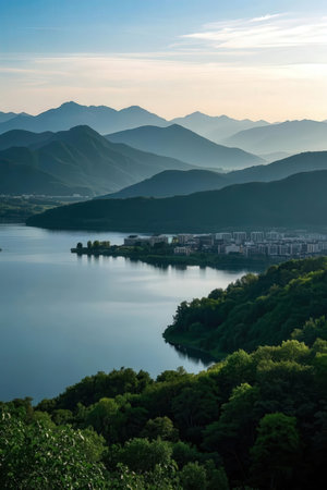view of the lake and mountains in the background, Liguria, Italyの素材