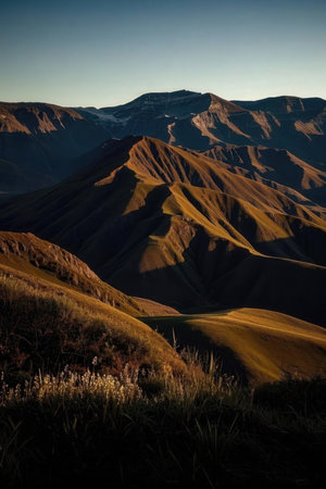 Mountain landscape at sunset, Kyrgyzstan, Central Asiaの素材
