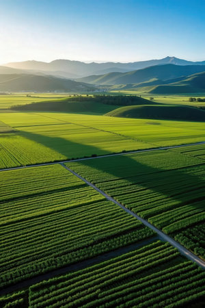 Aerial view of green agricultural fields in South Korea, South Korea.の素材