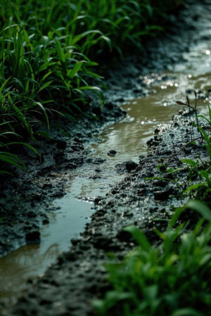 Puddles of water flowing through the corn field. Selective focus.の素材