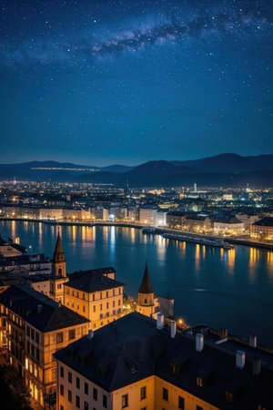 Panoramic view of the old town of Zurich at night, Switzerlandの素材