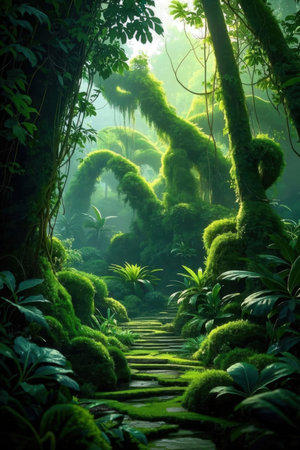 Pathway in the tropical rainforest with moss and fernsの素材