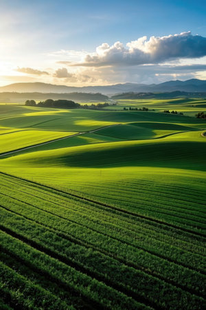 Aerial view of green agricultural fields at sunset. Beautiful summer landscape.の素材