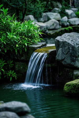 Waterfall in the Japanese garden with stone and green plants. Shallow depth of fieldの素材