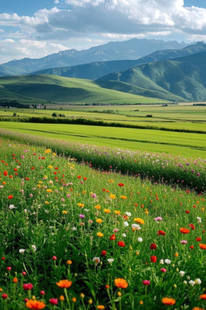 Beautiful spring landscape with meadow and mountains in the background.の素材