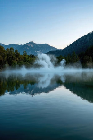 Misty morning at the lake in the mountains, Altai, Russiaの素材