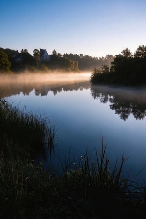 Morning fog over the river in the forest at dawn, Poland.の素材