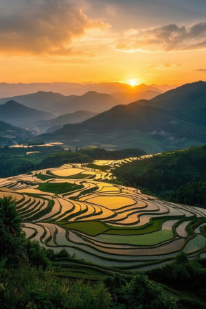 Sunset over terraced rice fields in Sapa, Vietnam.の素材