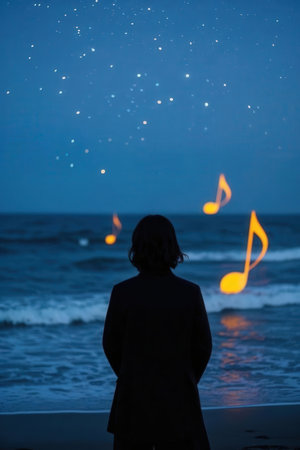 Silhouette of a woman on the beach at night with music notesの素材