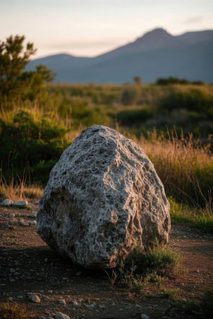 Big stone in the middle of the road in the mountains at sunsetの素材