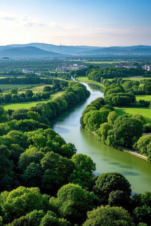 Aerial view of the Rhine river and the city of Bonn, Germanyの素材