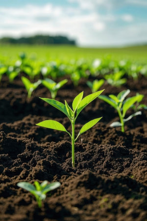 Young pepper seedlings growing on a field in spring, agricultural landscapeの素材
