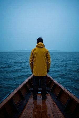 Man in yellow raincoat standing on a boat and looking at the seaの素材