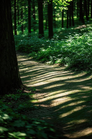 Path in green forest with sun rays through tree trunks and shadowsの素材