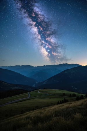 Milky Way over Carpathian mountains at night, Ukraine.の素材