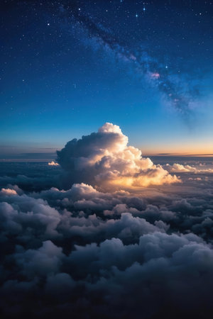 Aerial view of beautiful night sky with clouds and stars. Colorful photo.の素材