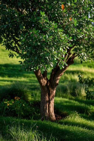Green tree in the park. Natural background. Green leaves and branches.の素材