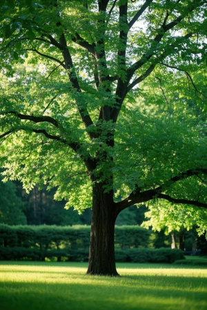 Beautiful green tree in the park at sunny summer day. Nature backgroundの素材