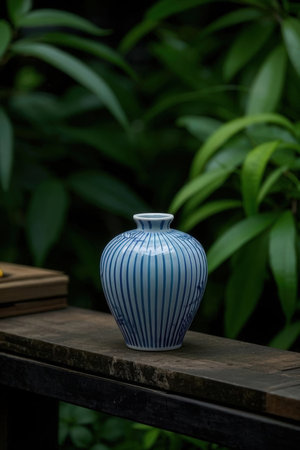 Blue ceramic vase on the wooden table with green leaf background.の素材