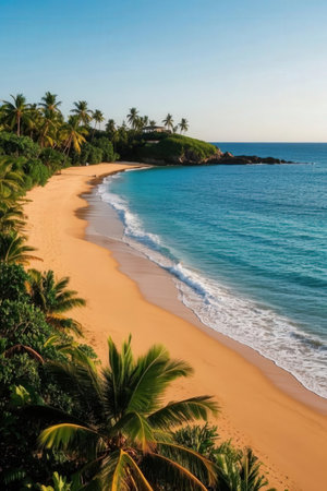 Tropical beach with palm trees and turquoise water in Sri Lankaの素材