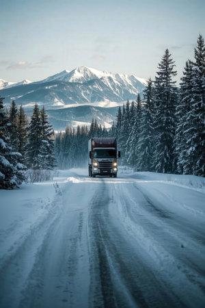 truck on the road in the mountains. winter landscape. Tatra Mountainsの素材