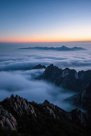 Mountain landscape with fog at sunrise in Huangshan, China.の素材