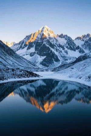 Beautiful mountain landscape with lake and reflection in the water at sunriseの素材