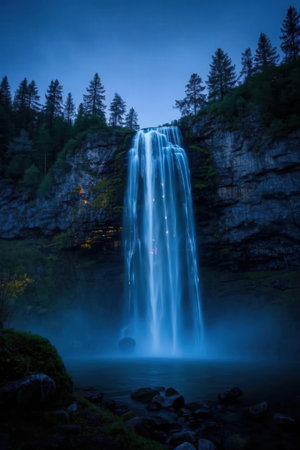 Waterfall in Norway at night. Long exposure. Long exposure.の素材