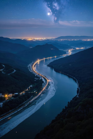 Night view of the Danube river and Danube gorge in Romaniaの素材