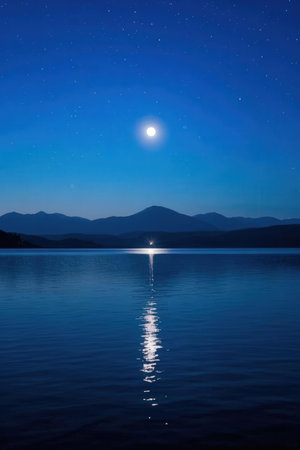 moon over the lake at night with starry sky, nature seriesの素材