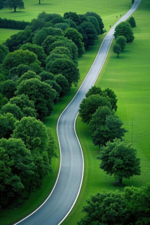Aerial view of a road in the middle of a green fieldの素材