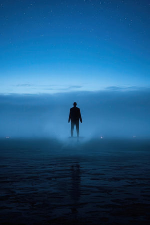 Silhouette of a man standing on a frozen lake at nightの素材