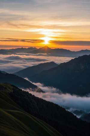 Mountain landscape at sunrise. View from the top of the mountain.の素材