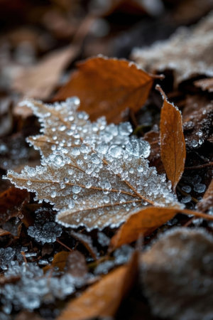 Frozen leaves on the ground covered with ice crystals in winter.の素材