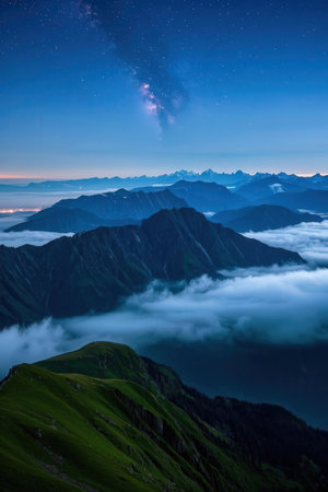 Mountain landscape at night. Caucasus, Dombay, Russiaの素材