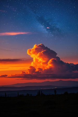 Milky Way over Tuscan Landscape at Sunset, Italy.の素材