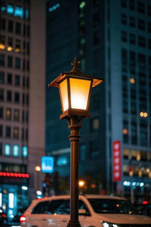 Street lamp in the city at night, New York City, USA.の素材