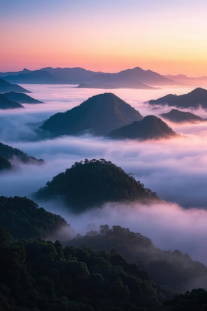 Beautiful sunrise over the mountain range with fog in morning, Thailand.の素材