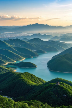 Mountains and lake in the morning, Taipei, Taiwan.の素材
