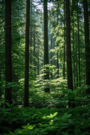 Beautiful green forest with sun rays coming through the tree trunksの素材