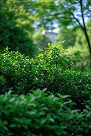 Green bush in the park. Nature background. Selective focus.の素材