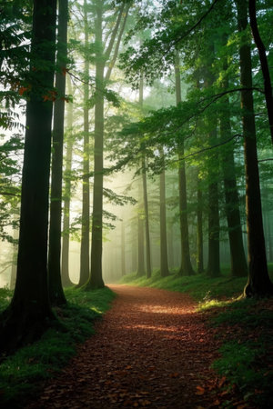 Misty morning in the forest with a path leading to the horizonの素材