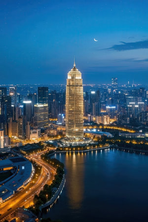 Aerial view of Shanghai at night, China. Shanghai is the capital and largest city of China.の素材