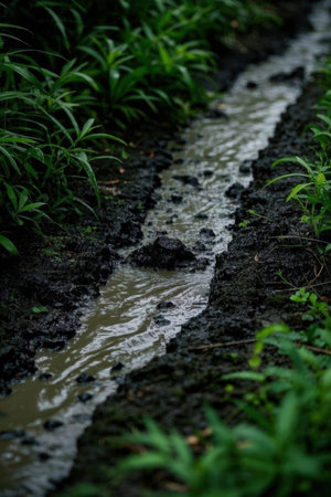 Water puddle in the rain forest, Thailand. Selective focus.の素材