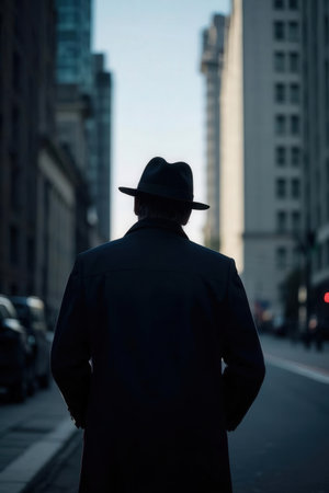 Silhouette of a man in a hat and coat on the streetの素材