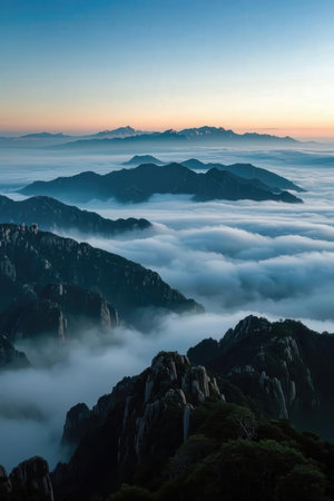 Mountain landscape at sunrise in Huangshan National Park, Chinaの素材
